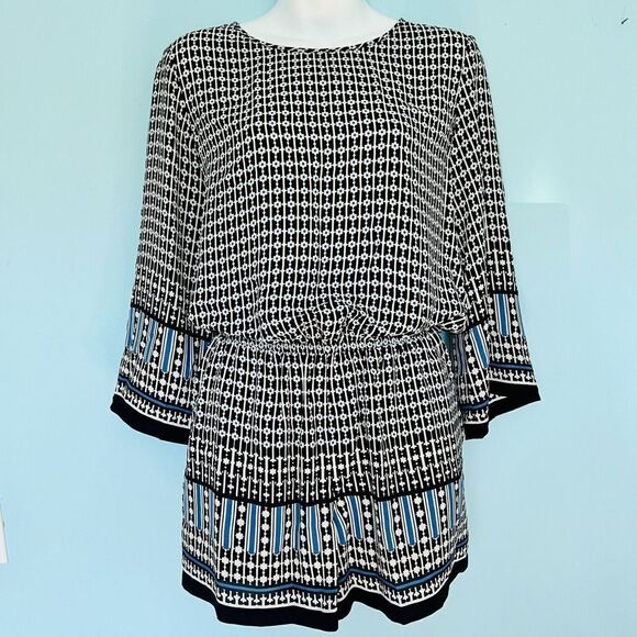 Max Studio Sz S Womens Black Blue White Floral Romper Pockets Tie Zipper 0773 - Picture 1 of 9